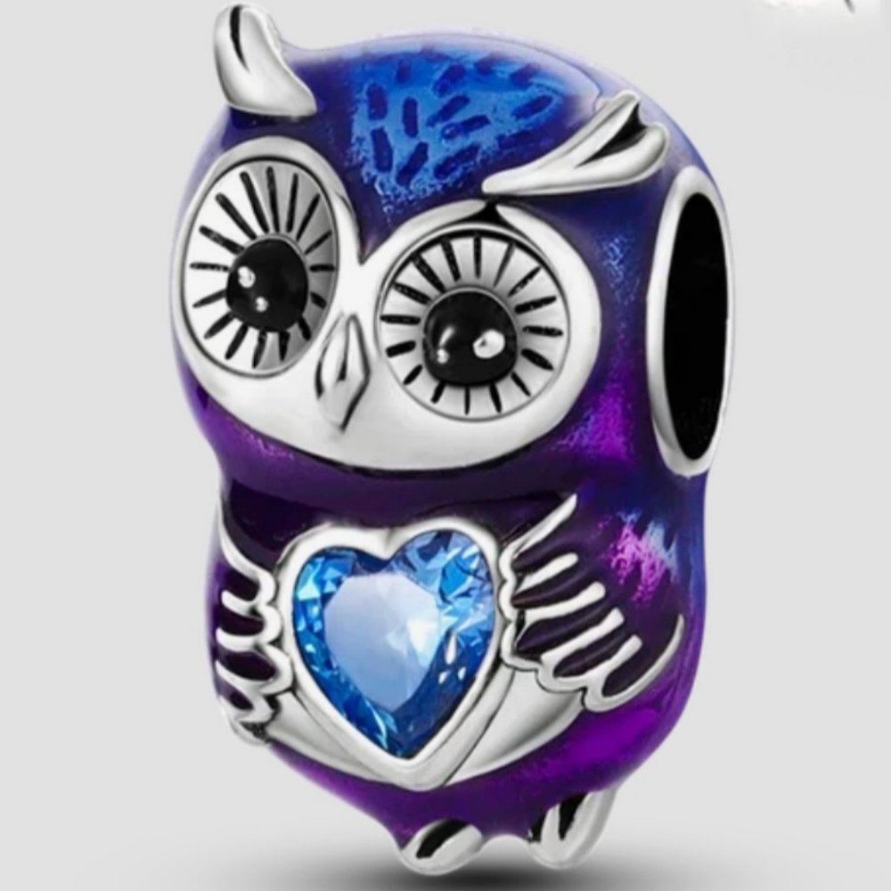 Linx Sterling Silver Cute Blue & Purple Owl with Blue Rhinestone Bracelet Charm